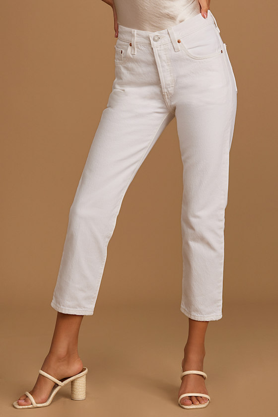 501 Crop White Denim High Rise Straight Leg Jeans 6