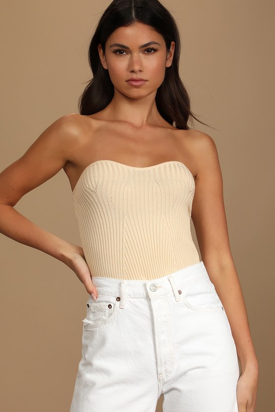 New Fascination Cream Ribbed Knit Strapless Top