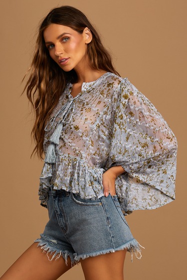 Go On By Light Blue Print Embroidered Lace-Up Blouse