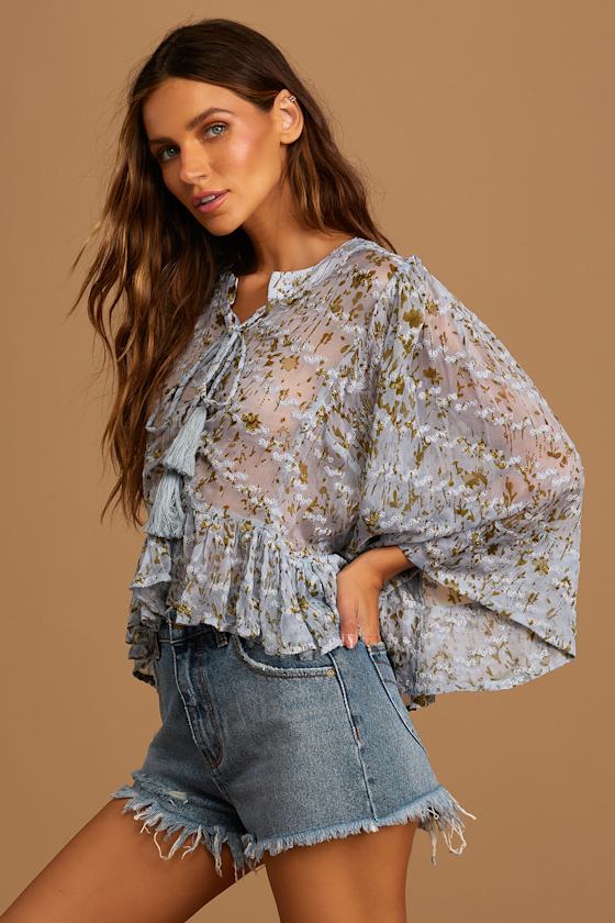 Go On By Light Blue Print Embroidered Lace-Up Blouse 3