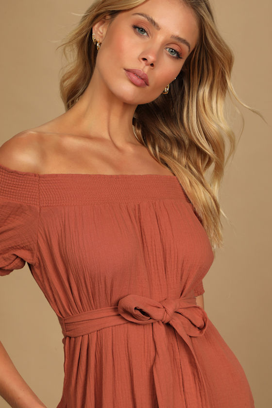 Ready for Sunshine Rust Orange Off-the-Shoulder Maxi Dress 2