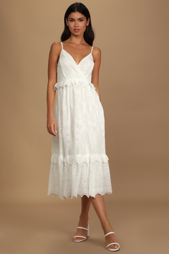 White Midi Dress - Eyelet Midi Dress - Ruffled Midi Dress - Lulus