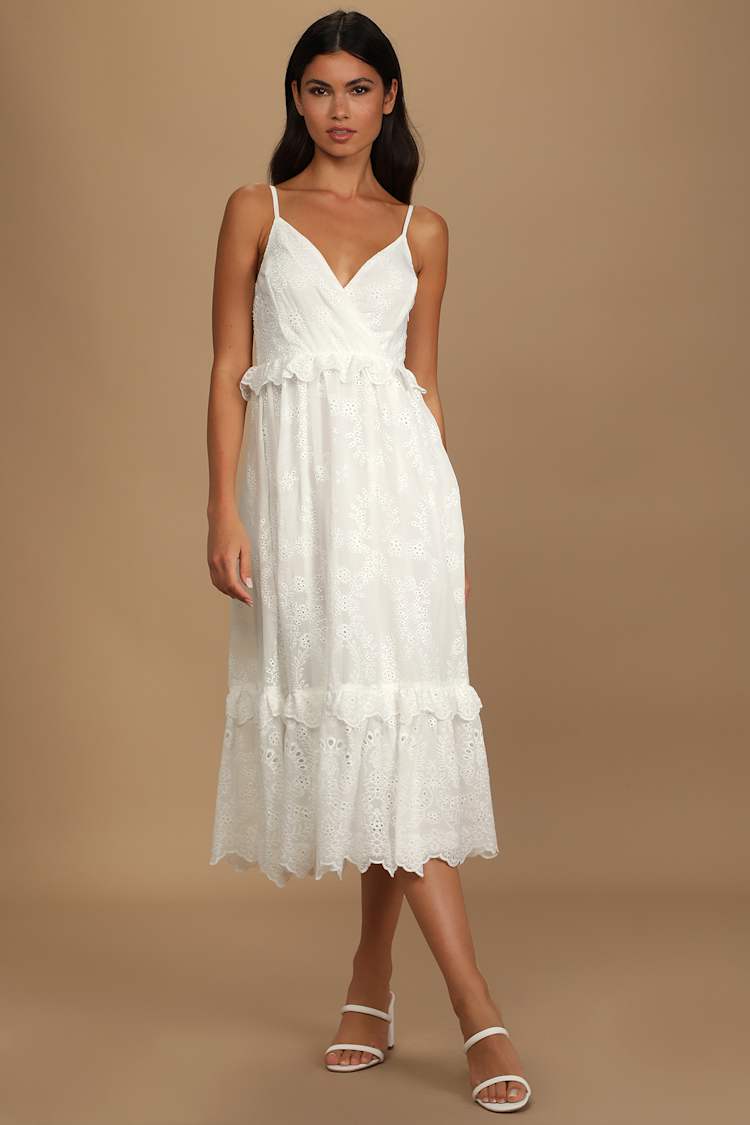 White Midi Dress - Eyelet Midi Dress - Ruffled Midi Dress - Lulus