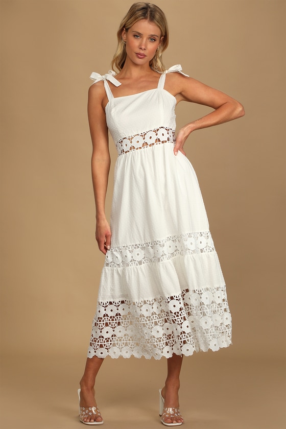 White Dress - Swiss Dot Dress - Tie-Strap Dress - Midi Dress - Lulus