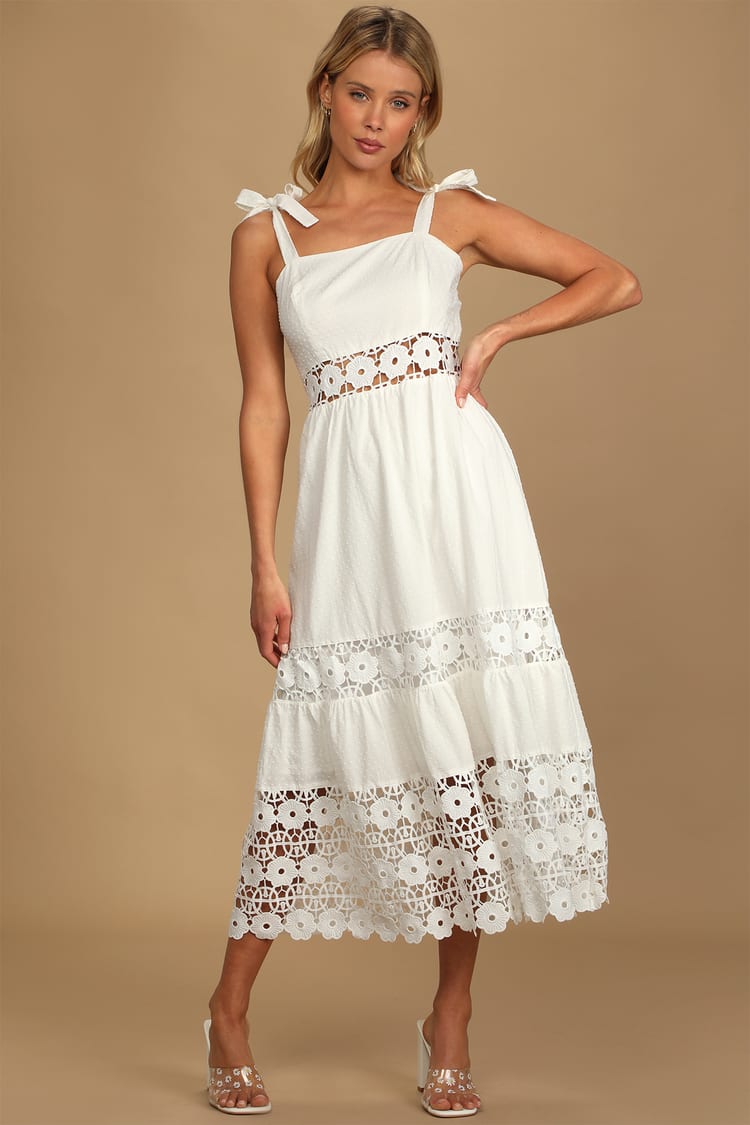 White Halter Dress - Tiered Midi Dress - Clip Dot Dress - Lulus