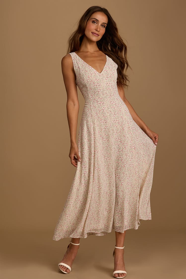 Your Only Darling Ivory Floral Print Sleeveless Midi Dress