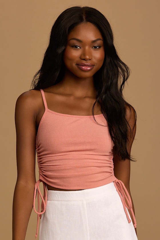 Rose Pink Ribbed Tank Top - Drawstring Ruched Tank - Tank Top - Lulus