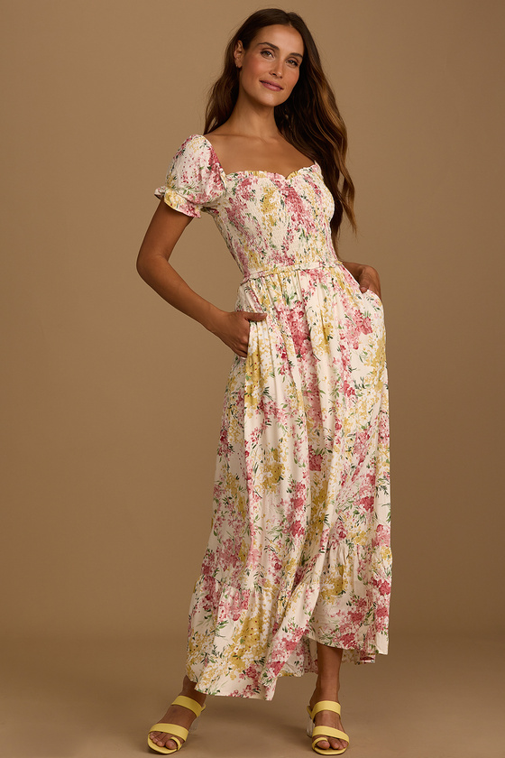 Always So Sweet Cream Floral Smocked Puff Sleeve Maxi Dress