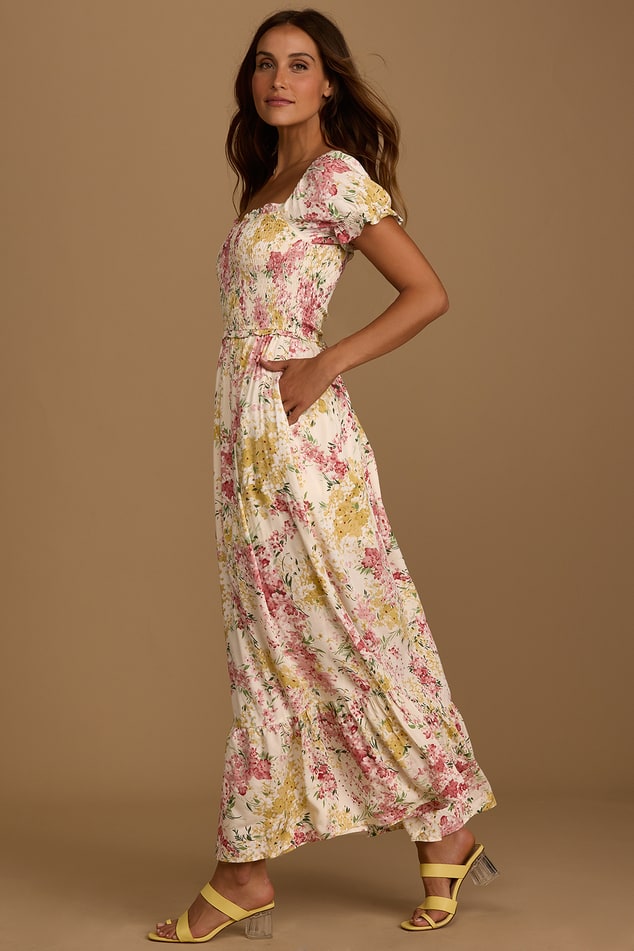 White Elegantly Inclined Cream Floral Print Wrap Maxi Dress | Womens | Small Available in M L | 100% Polyester | Lulus Exclusive