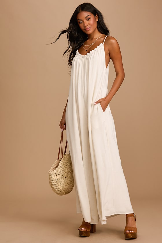 Cream Jumpsuit Ruffled WideLeg Jumpsuit Baggy Jumpsuit Lulus