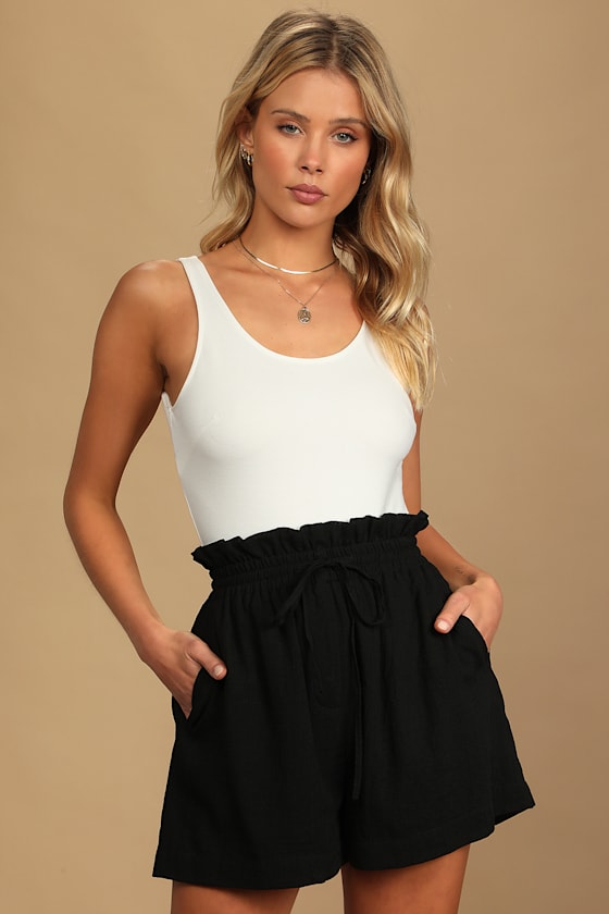 Casual Perfection Black Drawstring Paperbag Waist Shorts 1