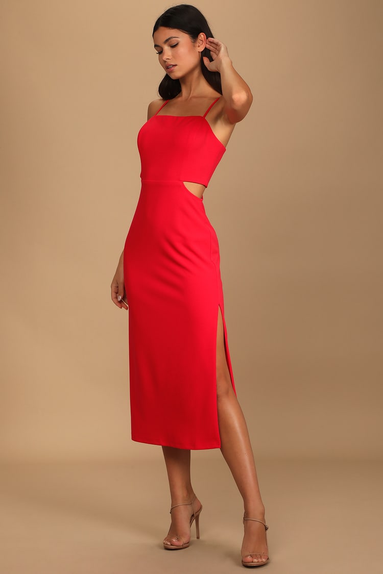 Only the Good Times Red Sleeveless Cutout Midi Dress