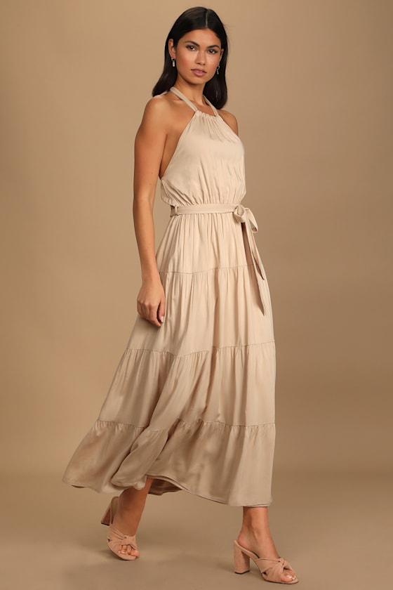 Casual Summer Beige Halter Tiered Maxi Dress 4