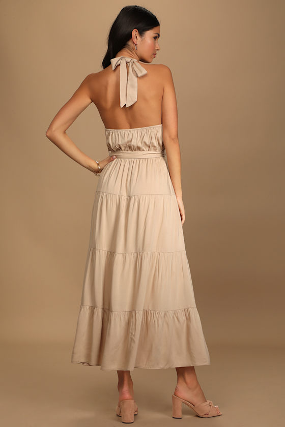 Beige Maxi Dress - Halter Dress - Tiered Dress - Belted