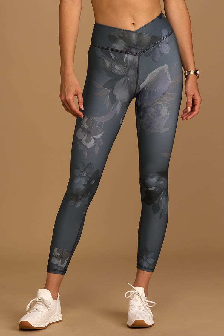 Amp it Up Grey Floral Print High Impact Crossover Leggings