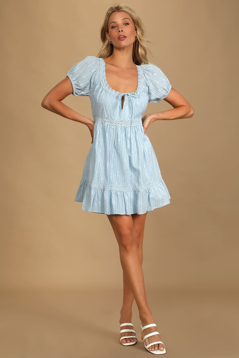 Forblive fløjte digtere Light Blue Dress - Dotted Dress - Short Sleeve Dress - Mini Dress - Lulus