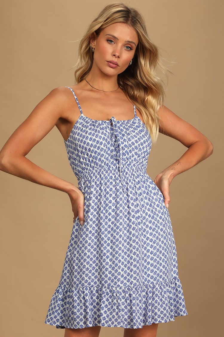 Blue and White Print Dress - Sleeveless Mini Dress - Tiered Dress