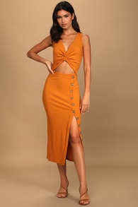 Trend Seeker Orange Ribbed Twist-Front Cutout Midi Dress