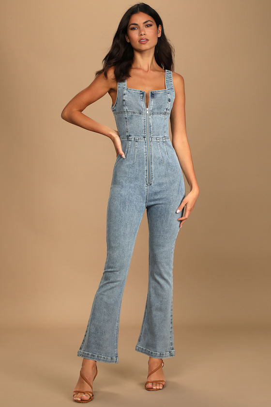 Keep Groovin' Light Wash Denim Zip-Front Jumpsuit 2