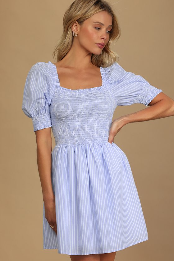 Seaside Soiree Blue Striped Smocked Puff Sleeve Skater Dress 3