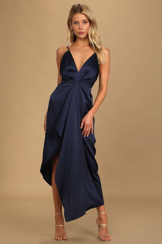 Shop Lulus Caught Feelings Navy Blue Satin Ruffled Midi Dress