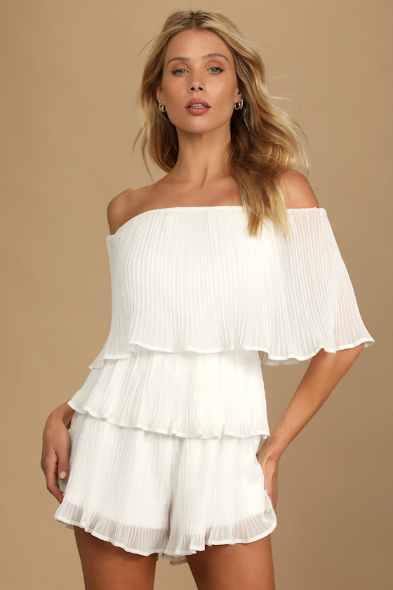 White Romper - Pleated Chiffon Romper - Off-the-Shoulder Romper - Lulus