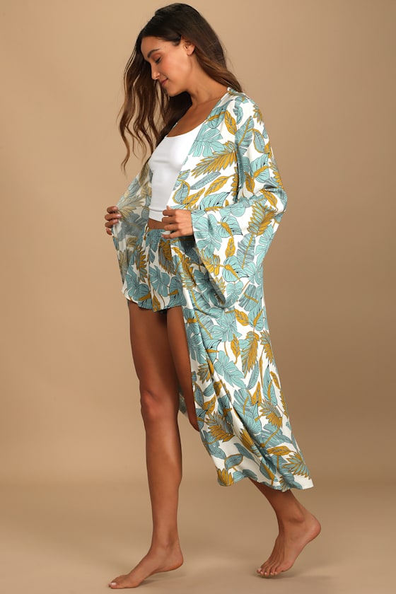 In Paradise White Multi Leaf Print Long Sleeve Robe 4