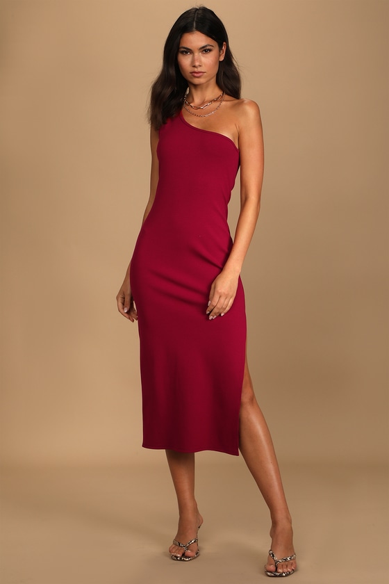 Wine Red Midi Dress - Ribbed Bodycon Dress - One-Shoulder Dress - Lulus