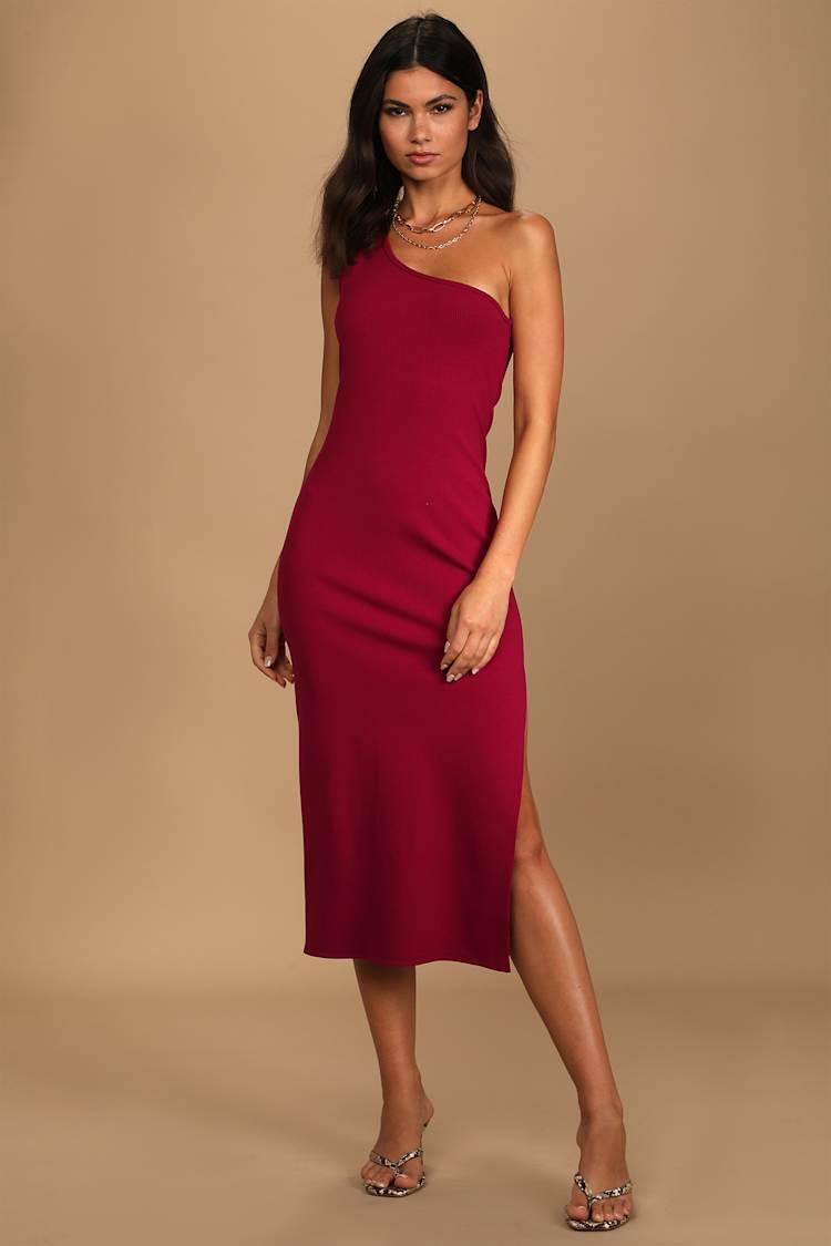Wine Red Midi Dress - Ribbed Bodycon Dress - One-Shoulder Dress
