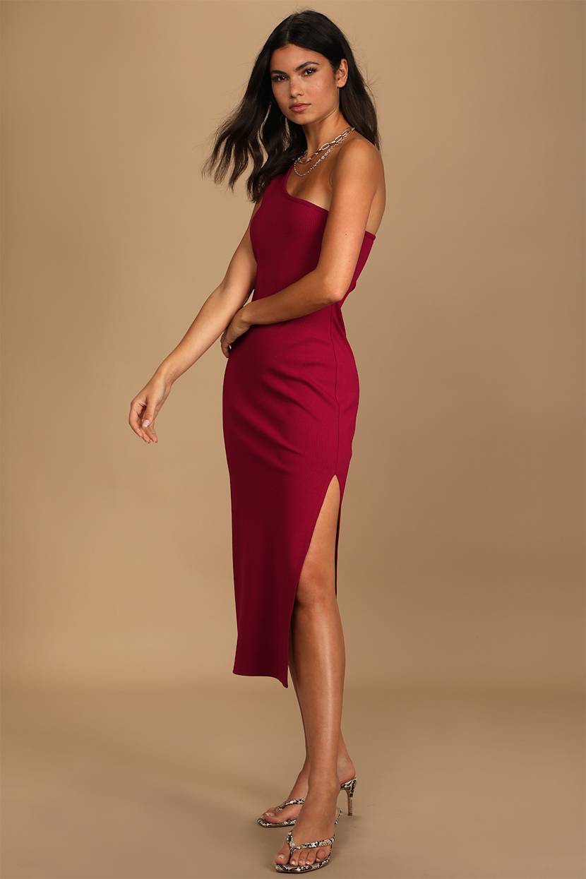 ribbed one shoulder midi dress Beige Ribbed Dress - One-Shoulder Dress - Bodycon Midi Dress