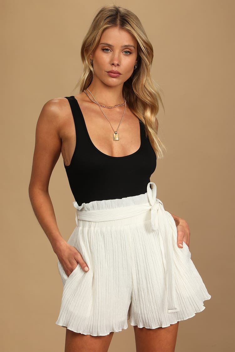 Pleat Yourself White Pleated High-Waisted Paperbag Shorts