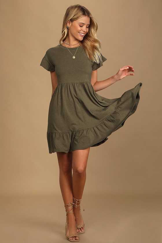 Lulus Sweetest Style Olive Green Tiered Babydoll Dress