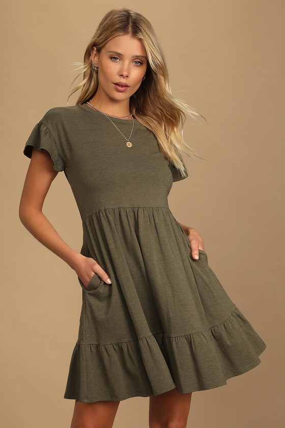 Olive Green Tiered Babydoll Dress Lulus