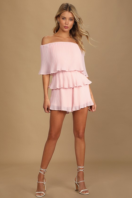 Lulus Gala Ready Light Pink Pleated Off-the-shoulder Romper