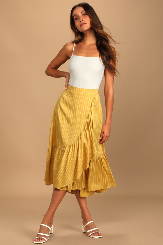 Endless Summer Mustard Yellow Striped Ruffled Midi Skirt