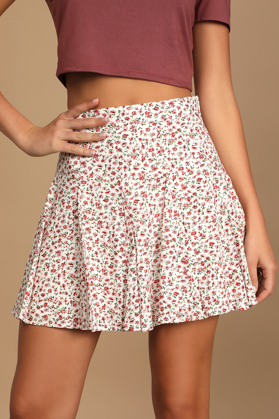 White Multi Floral Print Skirt - Skater Skirt - Mini Skirt - Lulus