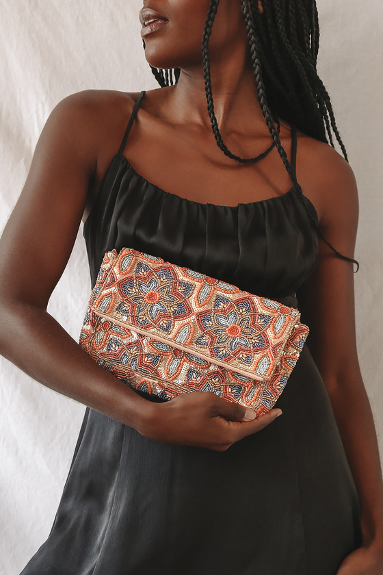 Lulus Style That Stuns Gold Multi Floral Beaded Clutch