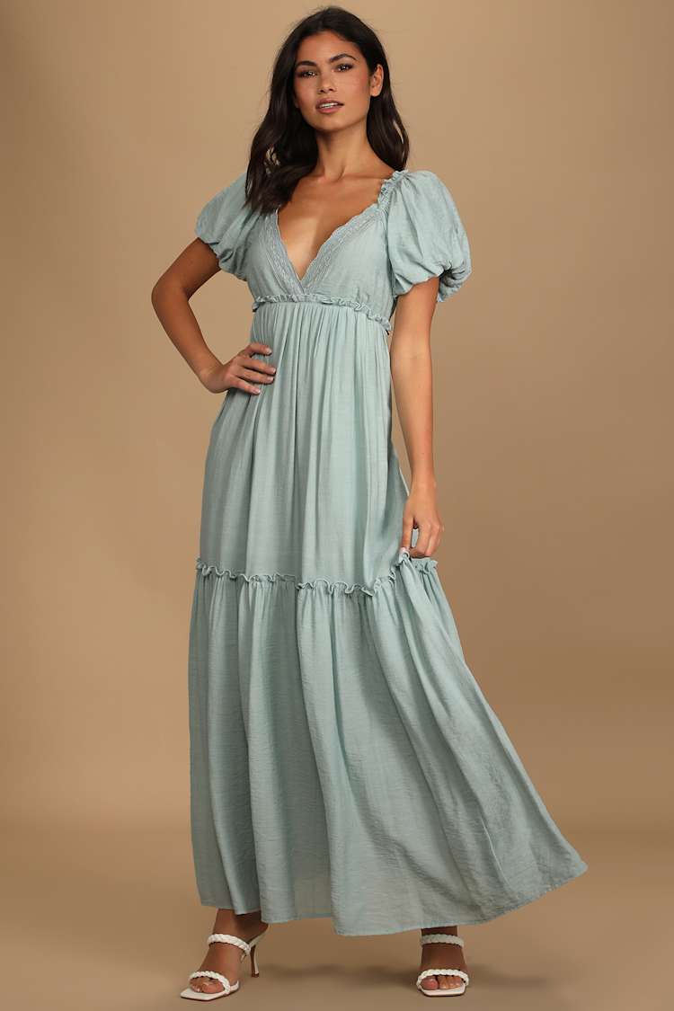 Light Blue Maxi Dress - Puff Sleeve Dress - Tiered Empire Dress - Lulus