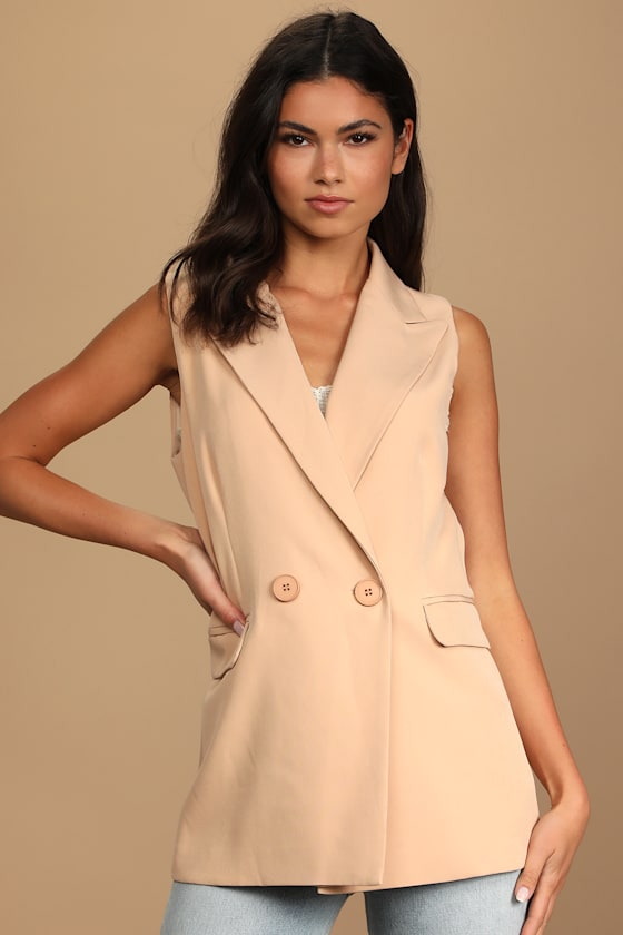 Basic Statement Camel Sleeveless Blazer 3