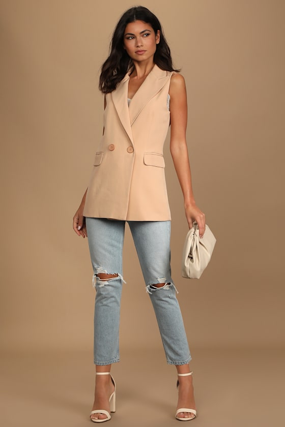 Basic Statement Camel Sleeveless Blazer 2