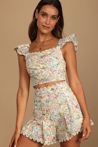 Sweeter than Ever Multi Floral Eyelet Lace Crop Top