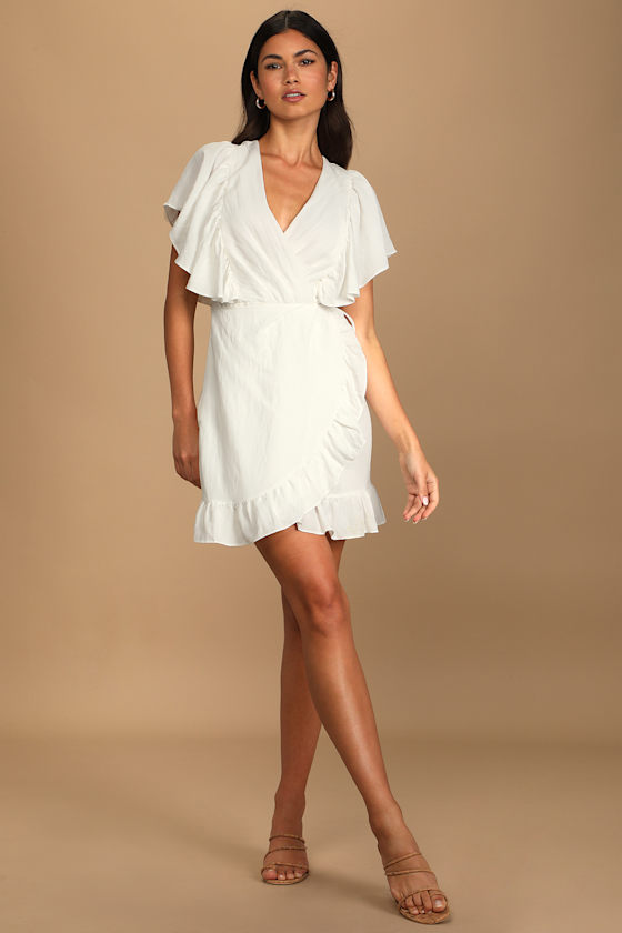 Good News Faux Wrap Frill Trim Dress White