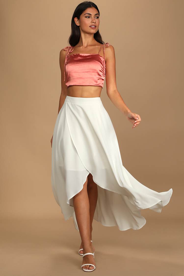high waist dresses and skirts Elegant White Blue Watercolor Pleated Satin High Waisted Ruffle Maxi Skirt S / Light Blue