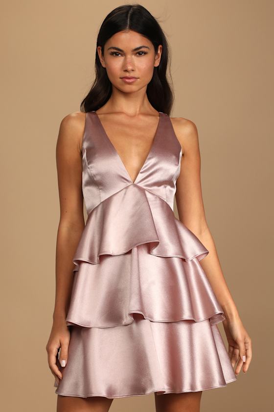 Pink Satin Skater Dress - Tiered Mini Dress - Satin Mini