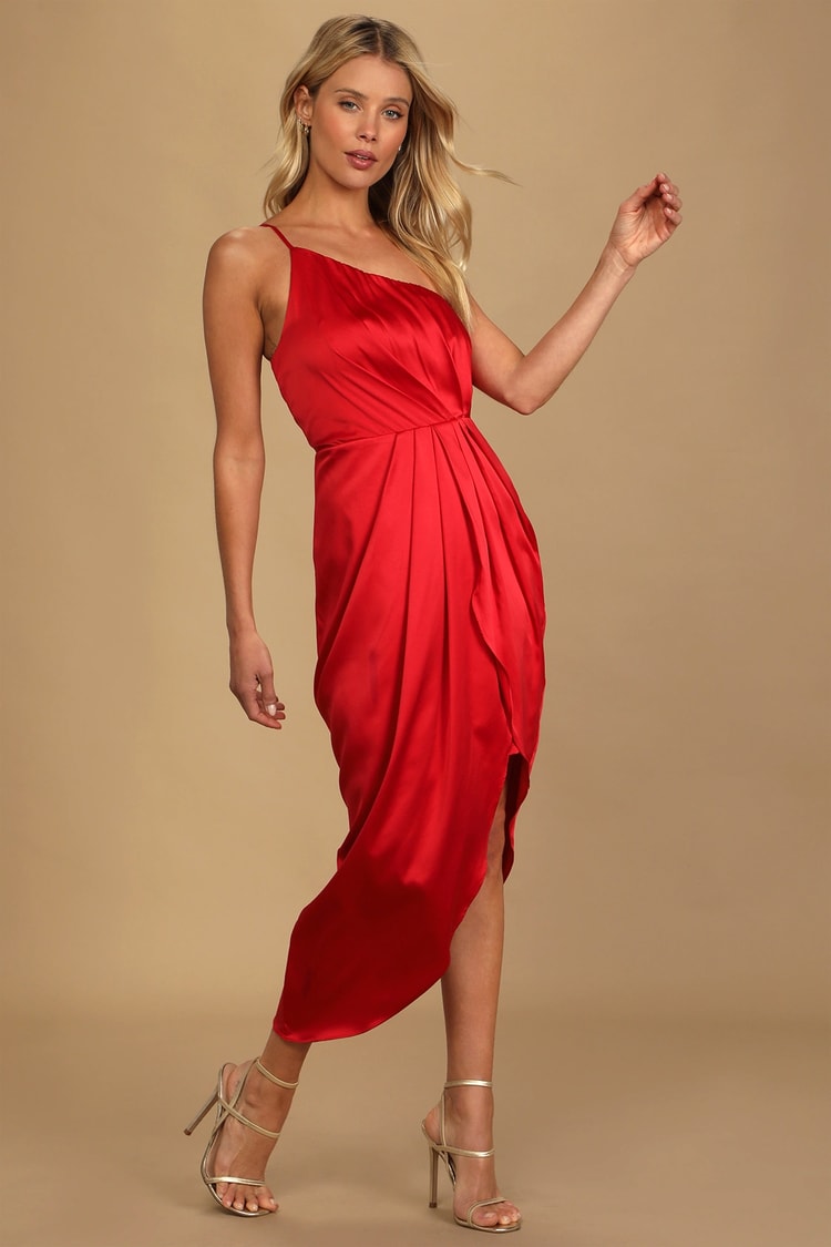 Red Midi Dress - Satin Midi Dress - One-Shoulder Dress - Lulus
