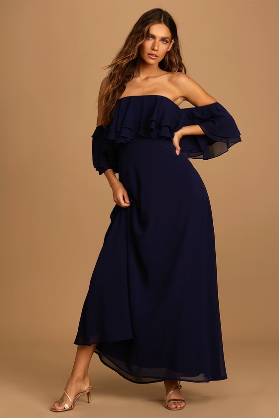 Navy Blue Dress - Off-the-Shoulder Dress - Ruffled Dress - Lulus