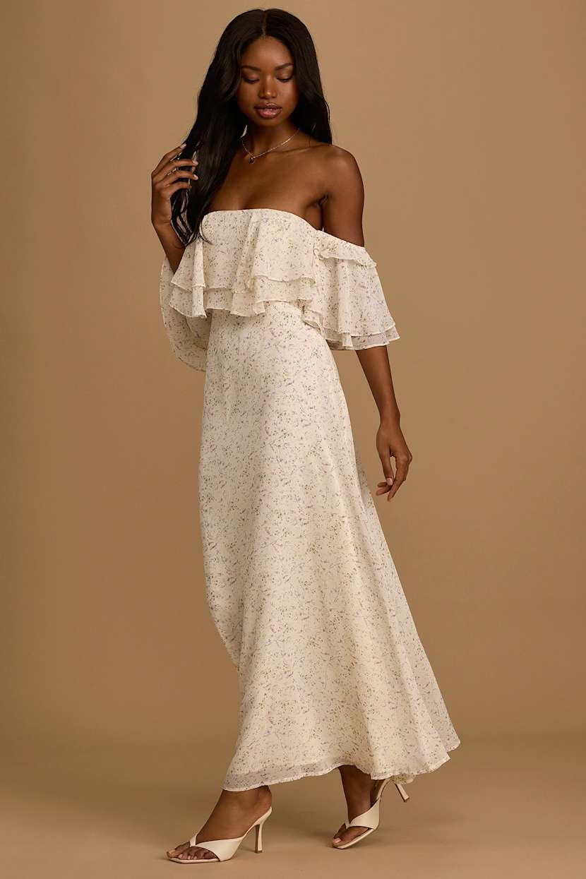 Cream Maxi Dress - Floral Print Dress - Off-the-Shoulder Dress - Lulus