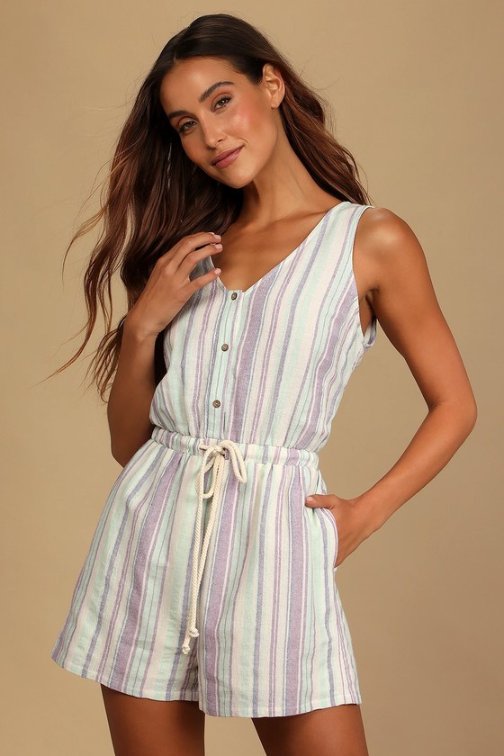 Lilac Multi Striped Romper - Button-Up Romper - Drawstring