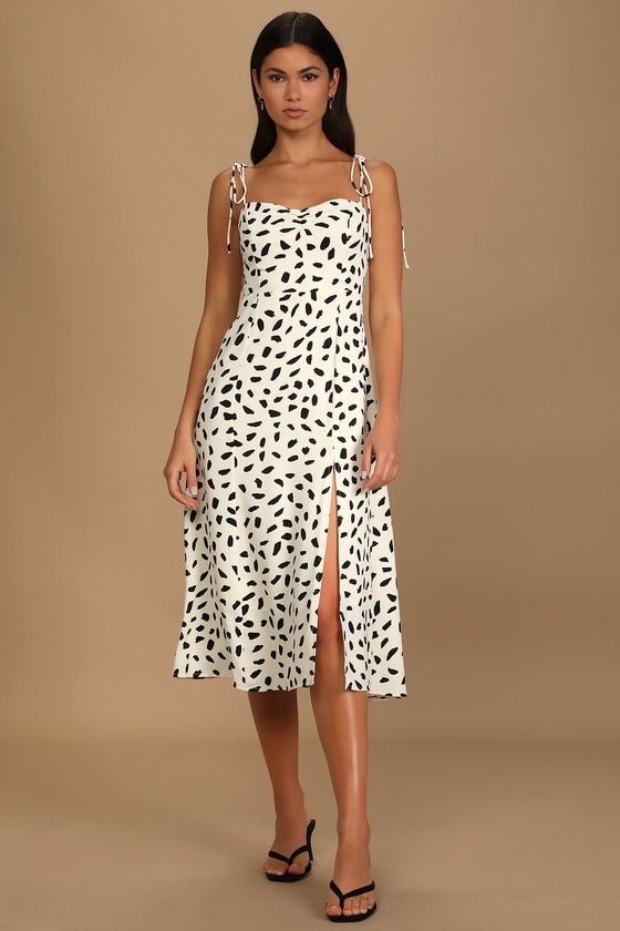 White Print Midi Dress - Tie-Strap Midi Dress - Sweetheart Midi - Lulus