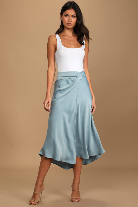 Dusty Blue Midi Skirt Midi Wrap Skirt Side Knot Skirt Lulus